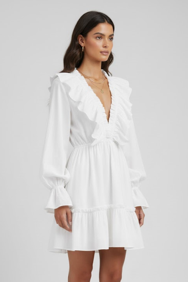 Azra | SoftMotion mini-jurk – elegante korte jurk met V-hals, ruches en lange mouwen