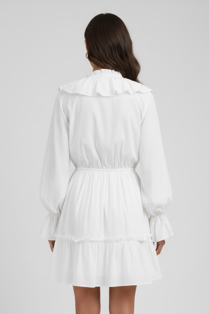 Sable | Dames mini-jurk met V-hals – korte jurk met ruches, lange mouwen en uitlopende manchetten
