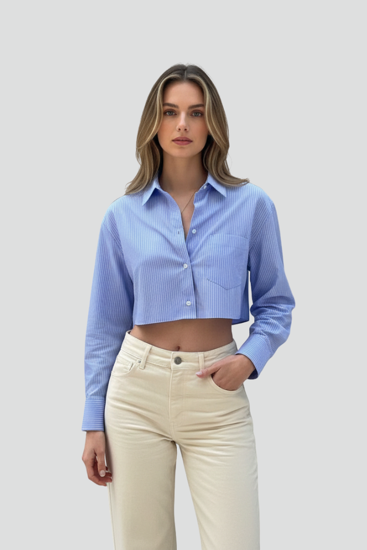 Vionna | Dames gestreepte cropped blouse – blouse met lange mouwen, kraag en knoopsluiting