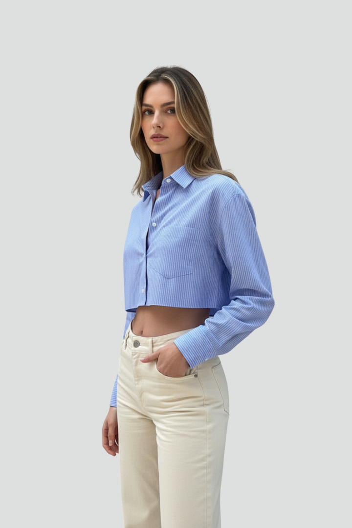Vionna | Dames gestreepte cropped blouse – blouse met lange mouwen, kraag en knoopsluiting