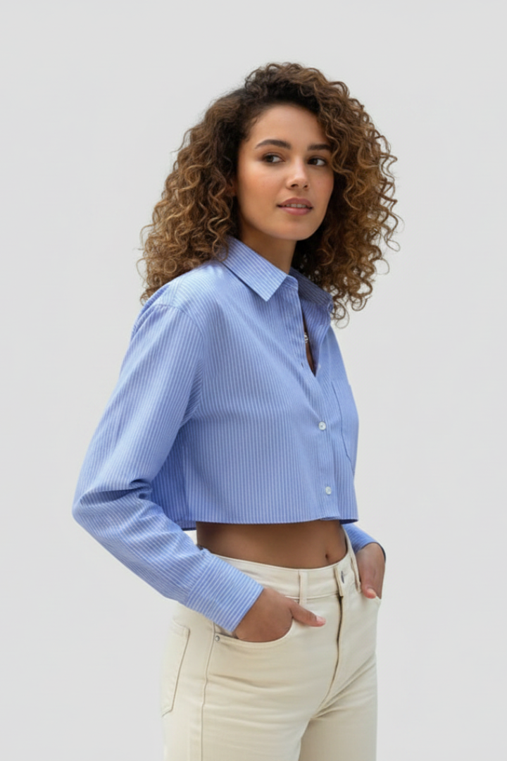 Vionna | Dames gestreepte cropped blouse – blouse met lange mouwen, kraag en knoopsluiting