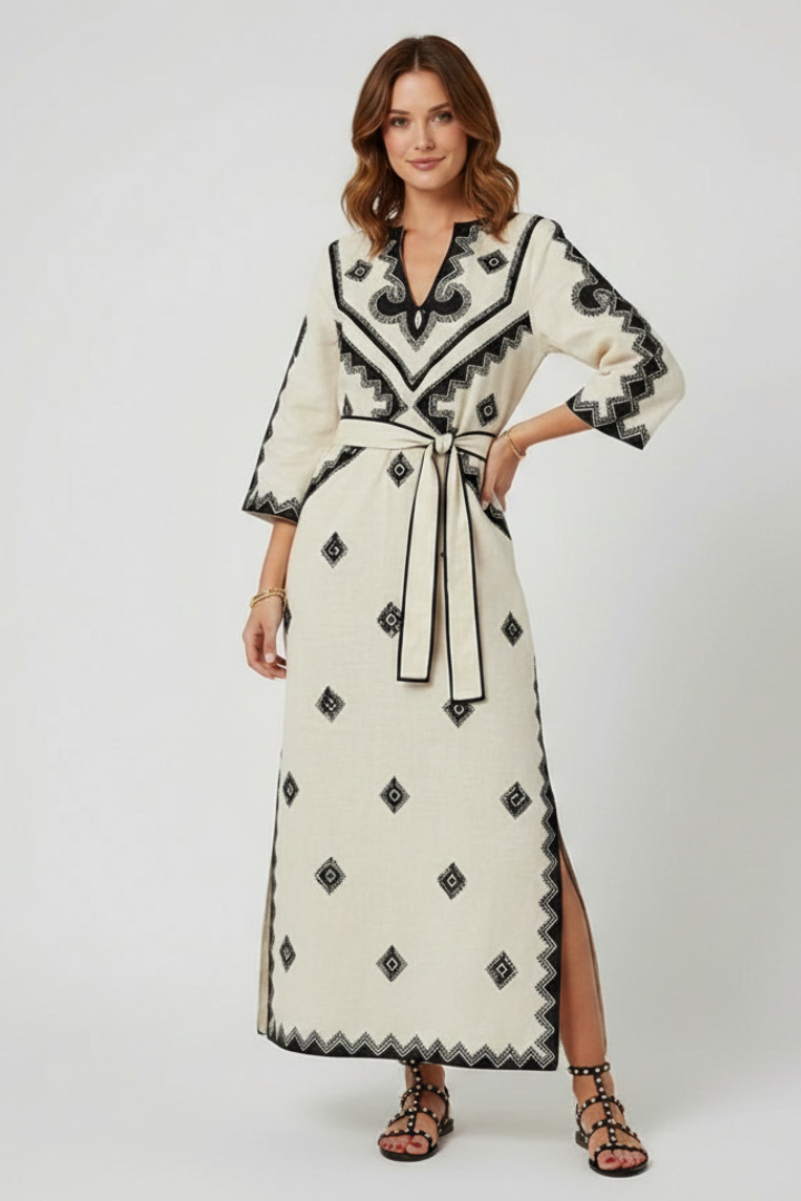 Auri | FlowSpirit kaftanjurk – met borduursels, V-hals en strik in de taille: zomerse maxi-jurk