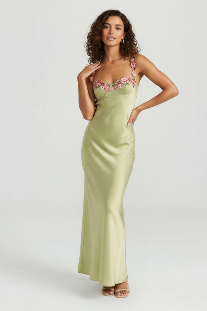 Cely | GardenGlow maxi-jurk – mouwloze avondjurk met bloemenborduursels