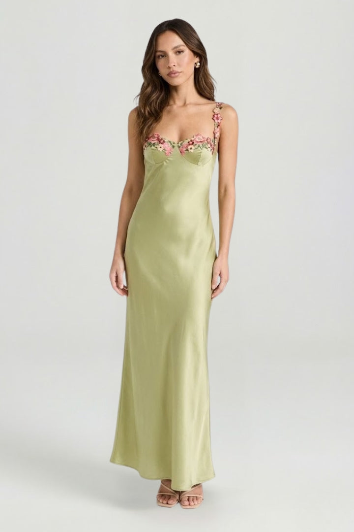 Cely | GardenGlow maxi-jurk – mouwloze avondjurk met bloemenborduursels