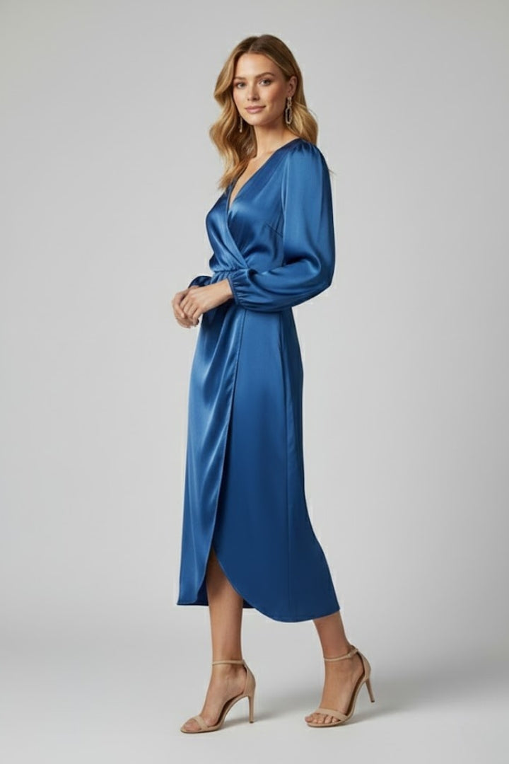 Caia | Midi-jurk met gestroomlijnde elegantie – Diepe V-hals, overslagmodel, lange mouwen