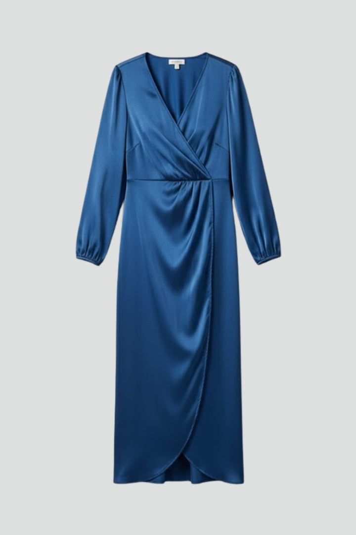 Caia | Midi-jurk met gestroomlijnde elegantie – Diepe V-hals, overslagmodel, lange mouwen