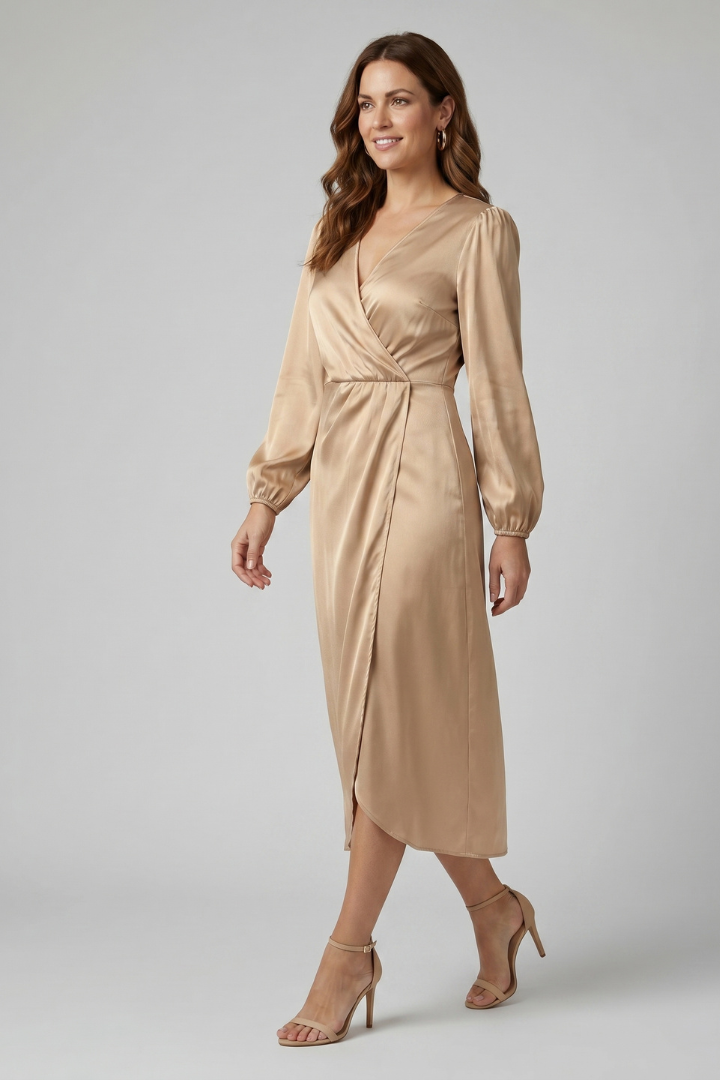 Caia | Midi-jurk met gestroomlijnde elegantie – Diepe V-hals, overslagmodel, lange mouwen