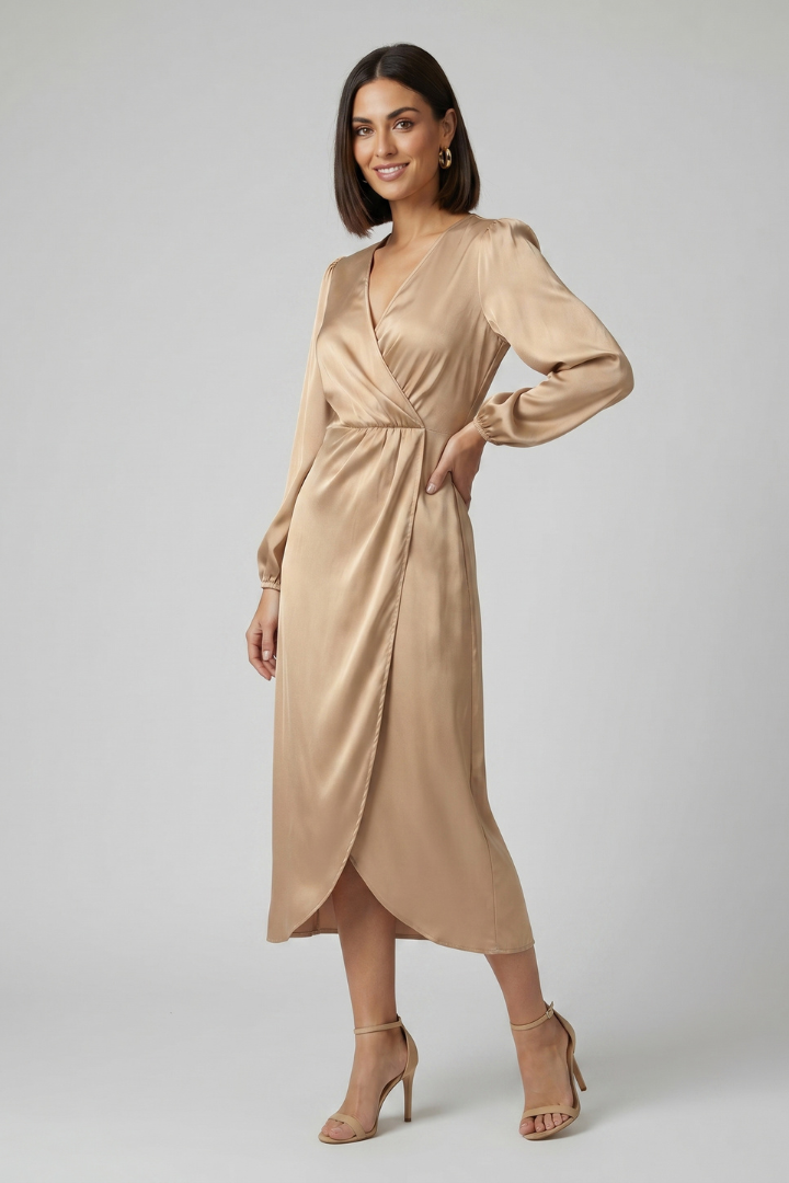 Caia | Midi-jurk met gestroomlijnde elegantie – Diepe V-hals, overslagmodel, lange mouwen