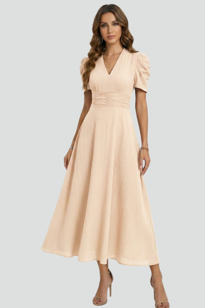 Lunessia | Dames A-lijn zomerjurk – korte mouwen, geplooide taille, luchtige casual cocktail