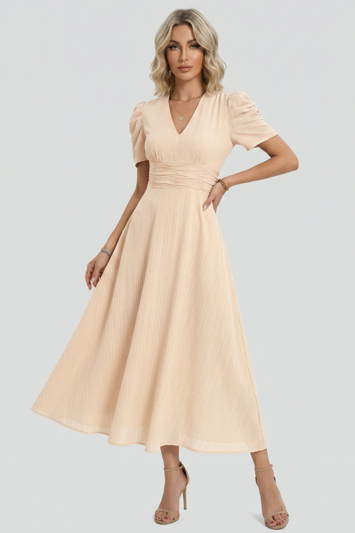 Lunessia | Dames A-lijn zomerjurk – korte mouwen, geplooide taille, luchtige casual cocktail