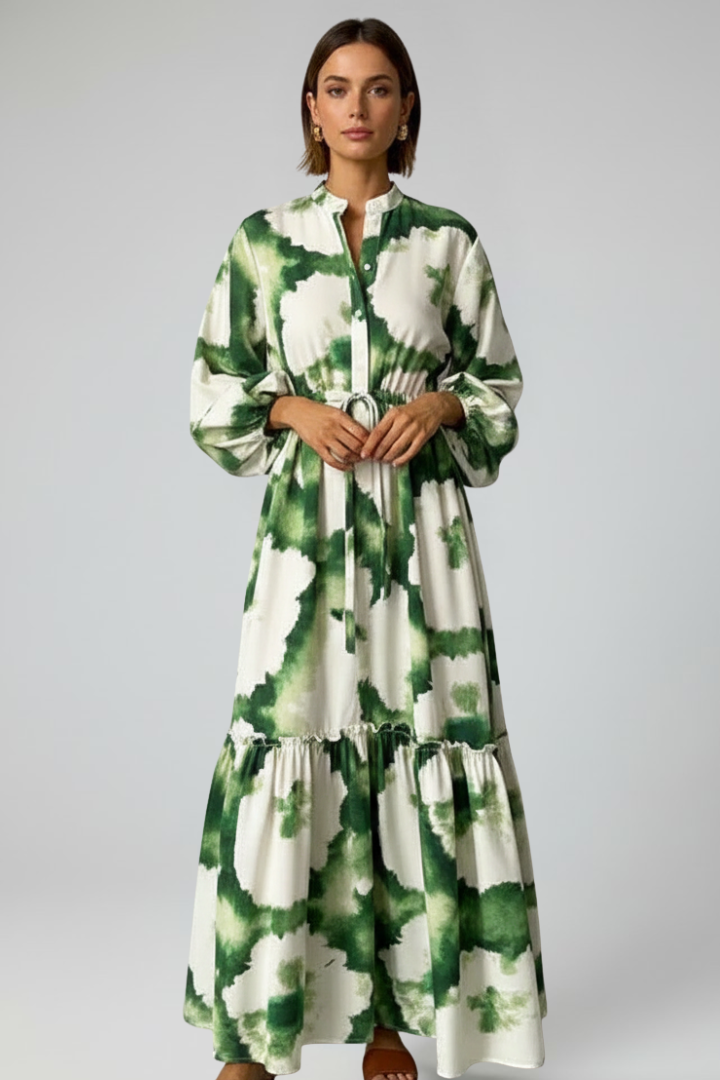 Thirelia | Dames maxi-jurk met bloemenprint – V-hals, lange mouwen, luchtige A-lijn maxi-jurk