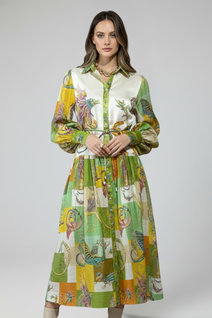 Thirelia | Dames maxi-jurk met bloemenprint – V-hals, lange mouwen, luchtige A-lijn maxi-jurk