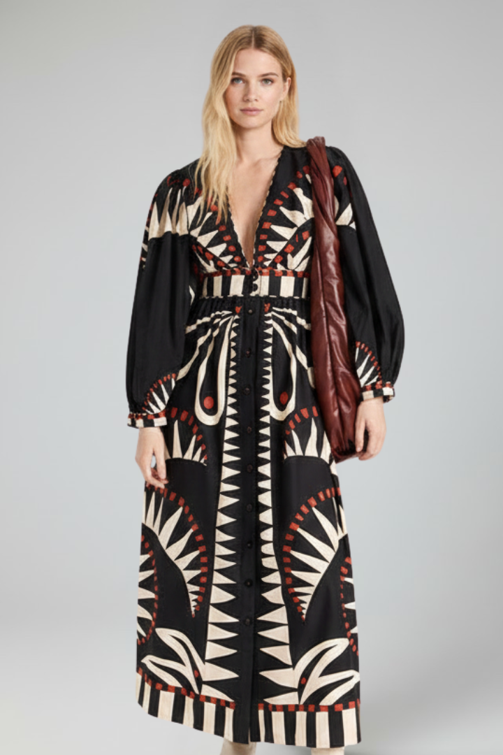 Thirelia | Dames maxi-jurk met bloemenprint – V-hals, lange mouwen, luchtige A-lijn maxi-jurk