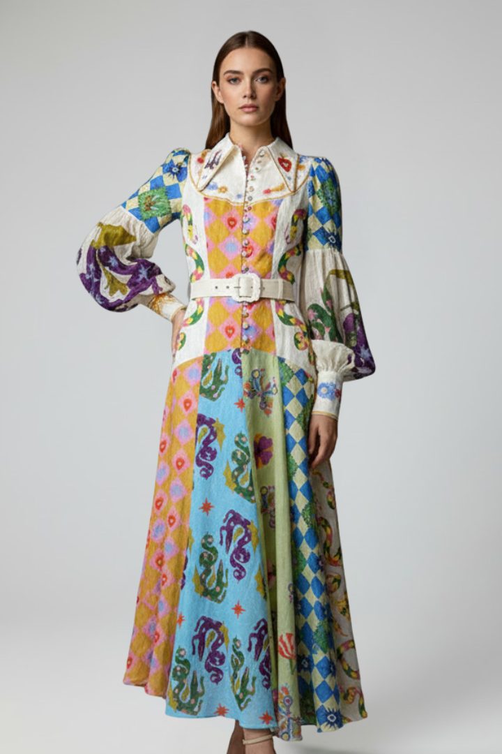 Thirelia | Dames maxi-jurk met bloemenprint – V-hals, lange mouwen, luchtige A-lijn maxi-jurk