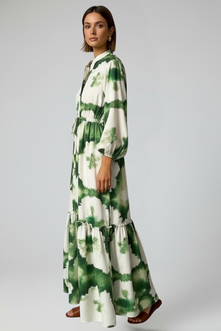 Thirelia | Dames maxi-jurk met bloemenprint – V-hals, lange mouwen, luchtige A-lijn maxi-jurk