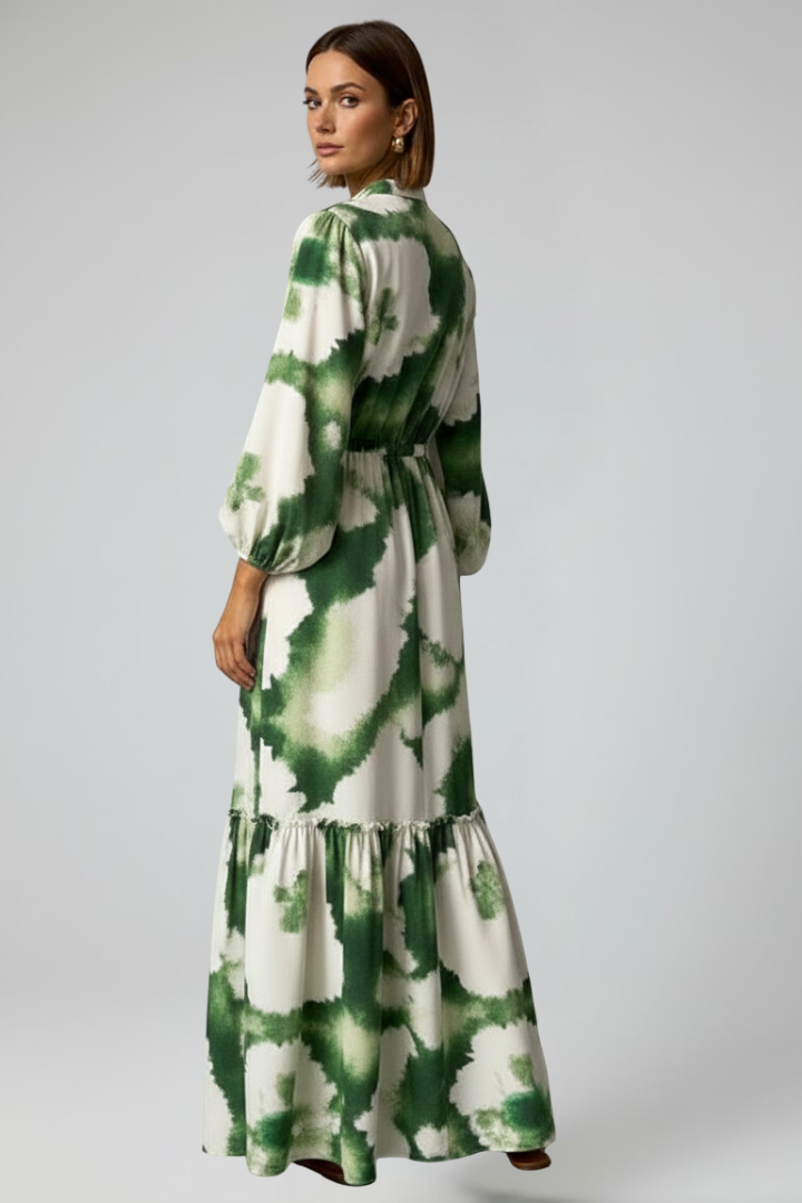 Thirelia | Dames maxi-jurk met bloemenprint – V-hals, lange mouwen, luchtige A-lijn maxi-jurk