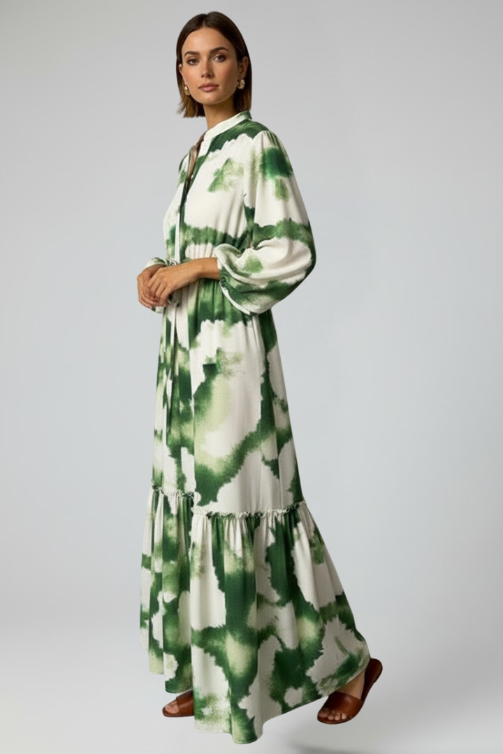 Thirelia | Dames maxi-jurk met bloemenprint – V-hals, lange mouwen, luchtige A-lijn maxi-jurk