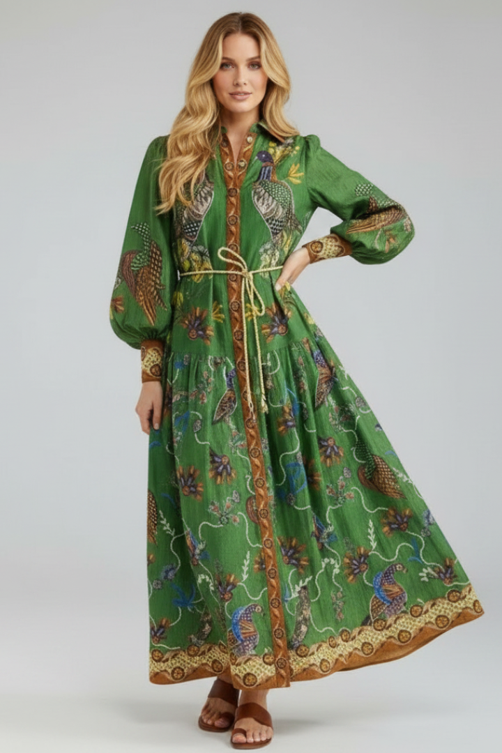 Thirelia | Dames maxi-jurk met bloemenprint – V-hals, lange mouwen, luchtige A-lijn maxi-jurk