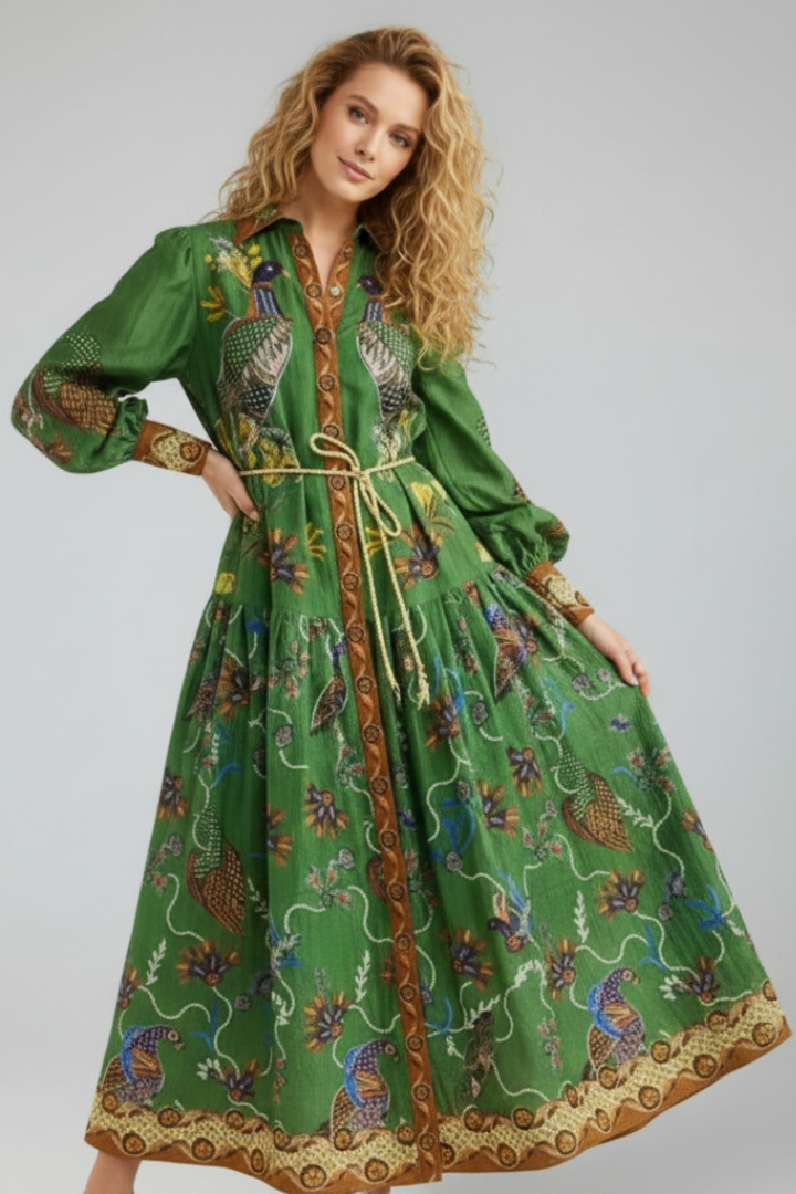 Thirelia | Dames maxi-jurk met bloemenprint – V-hals, lange mouwen, luchtige A-lijn maxi-jurk