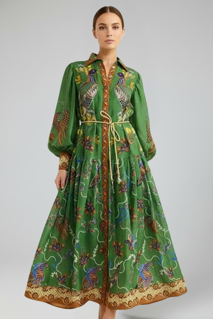 Thirelia | Dames maxi-jurk met bloemenprint – V-hals, lange mouwen, luchtige A-lijn maxi-jurk