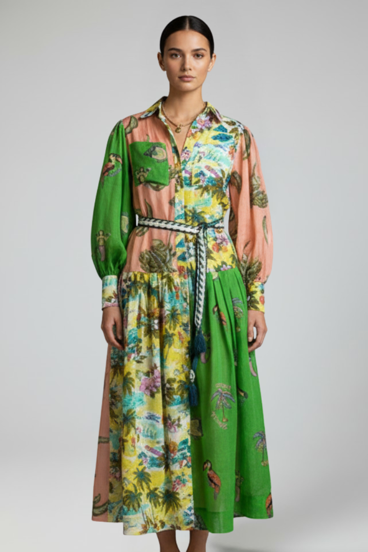 Thirelia | Dames maxi-jurk met bloemenprint – V-hals, lange mouwen, luchtige A-lijn maxi-jurk