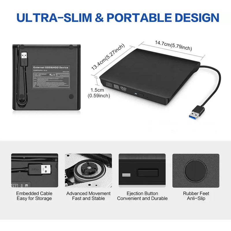 QuickDisc | Draagbare USB-cd-/dvd-drive – snel lezen en schrijven, geschikt voor meerdere besturingssystemen, compact en slim