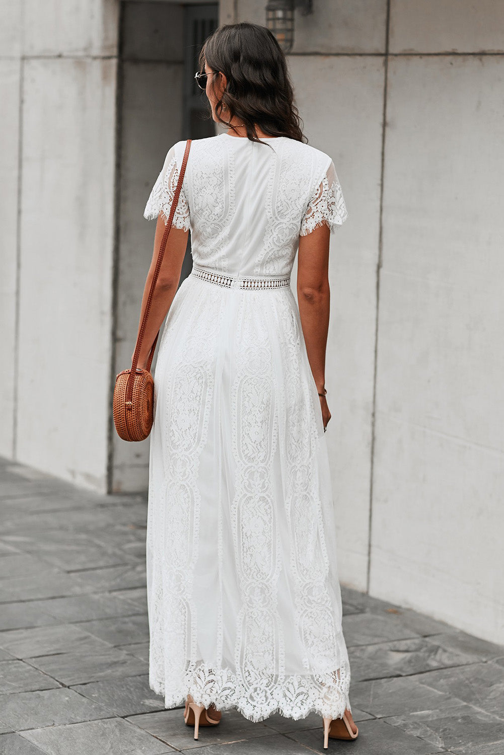 Elyvra | Witte kanten maxi-jurk voor dames – V-hals, korte mouwen, elegant