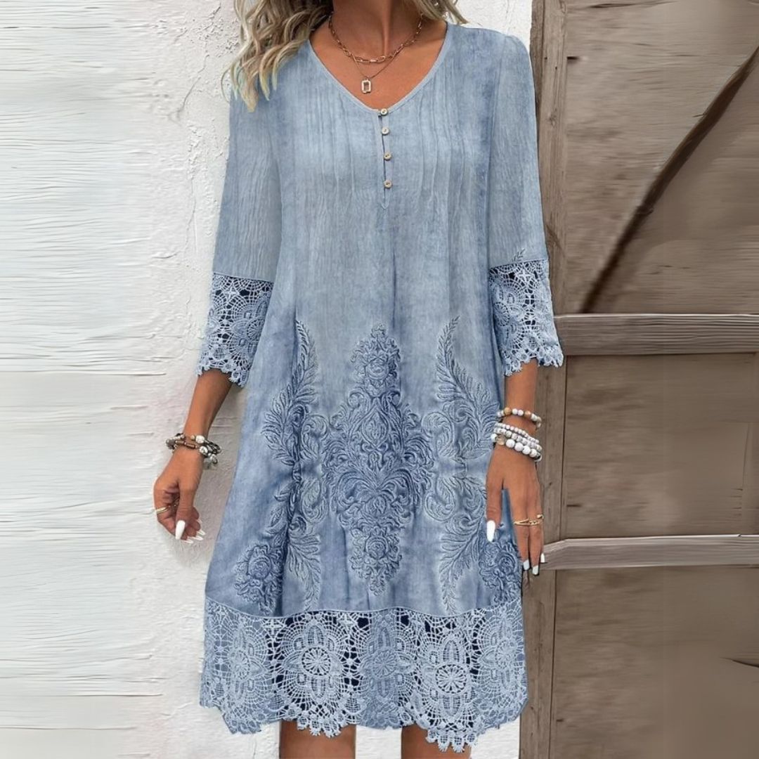Novalie | Dames Bloemenkant Midi-jurk – 3/4 Mouwen, Elegante Zomerjurk voor Casual en Feest