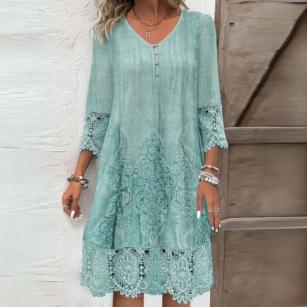 Novalie | Dames Bloemenkant Midi-jurk – 3/4 Mouwen, Elegante Zomerjurk voor Casual en Feest