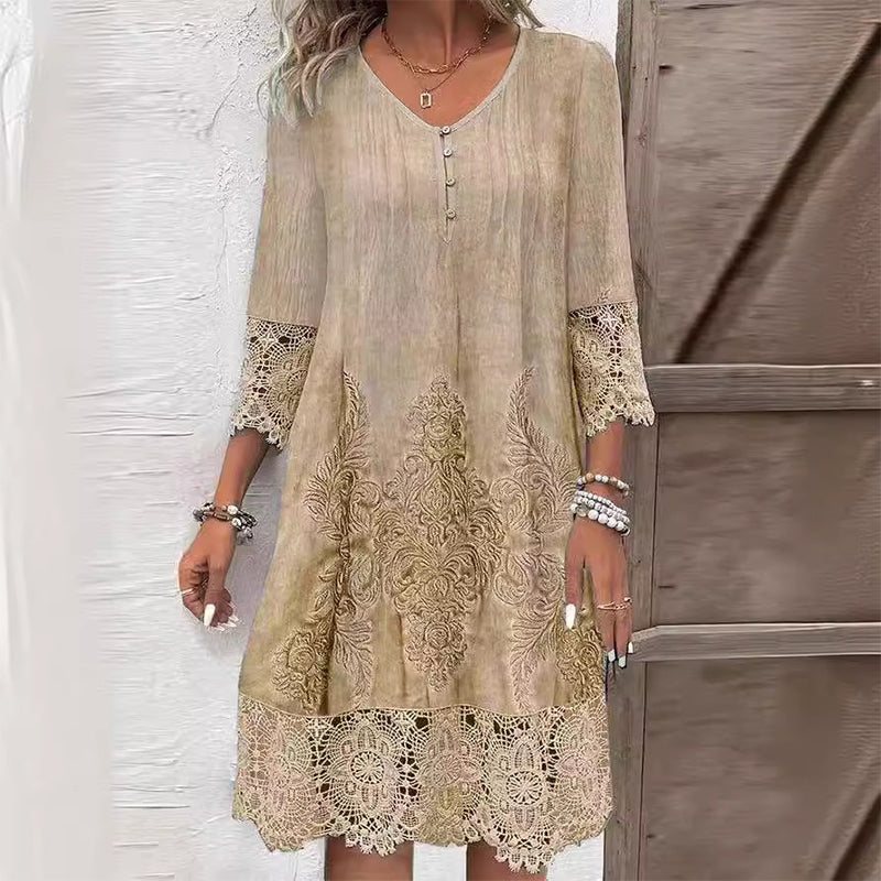 Novalie | Dames Bloemenkant Midi-jurk – 3/4 Mouwen, Elegante Zomerjurk voor Casual en Feest
