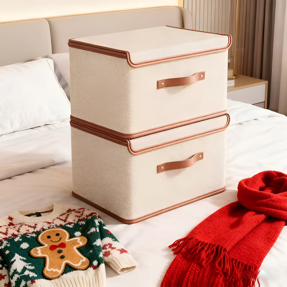 NeatStack | Opvouwbare Oxford Opbergdoos met Deksel & Leren Handvatten – Stapelbaar, Duurzaam