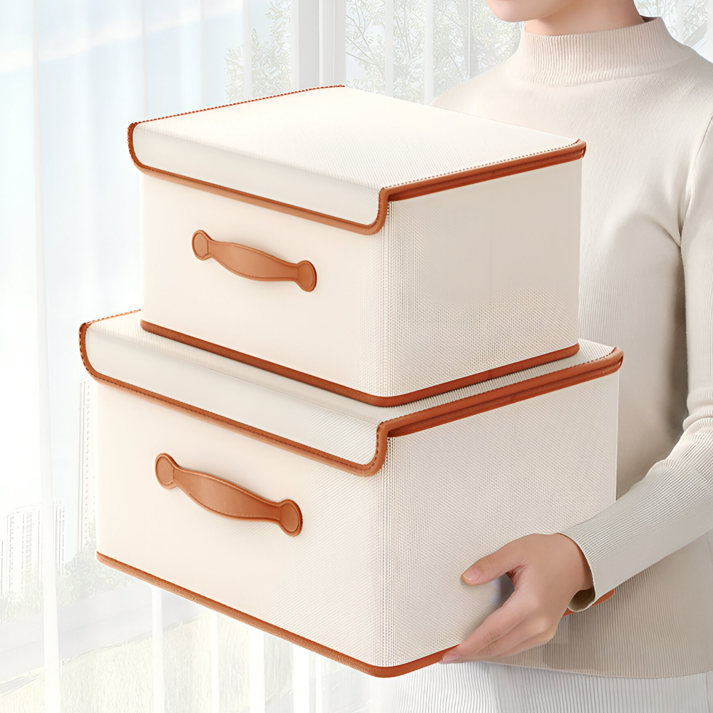 NeatStack | Opvouwbare Oxford Opbergdoos met Deksel & Leren Handvatten – Stapelbaar, Duurzaam