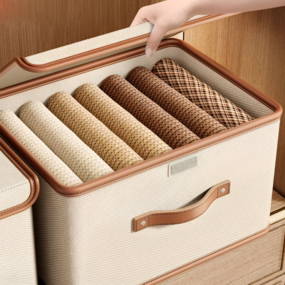 NeatStack | Opvouwbare Oxford Opbergdoos met Deksel & Leren Handvatten – Stapelbaar, Duurzaam
