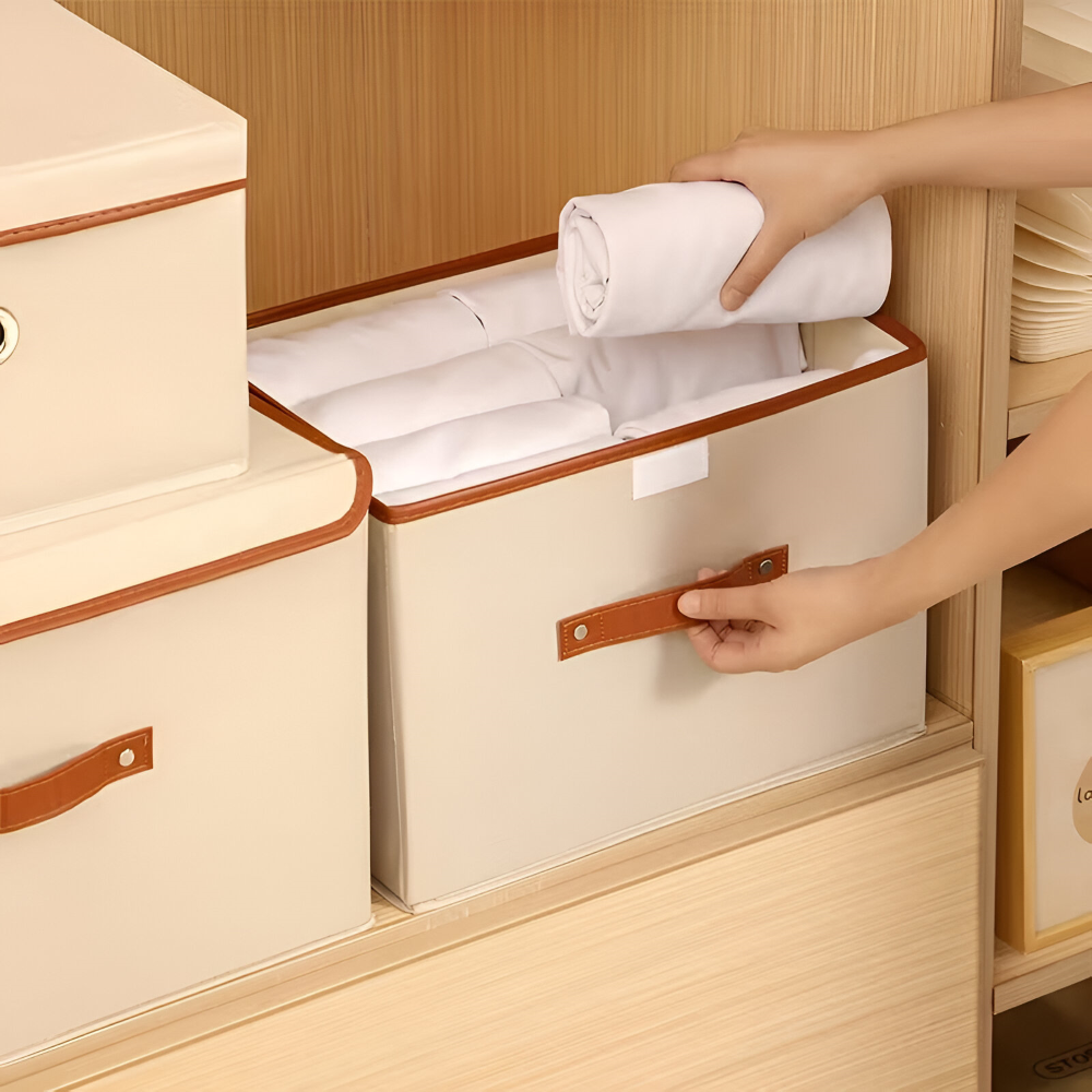 NeatStack | Opvouwbare Oxford Opbergdoos met Deksel & Leren Handvatten – Stapelbaar, Duurzaam
