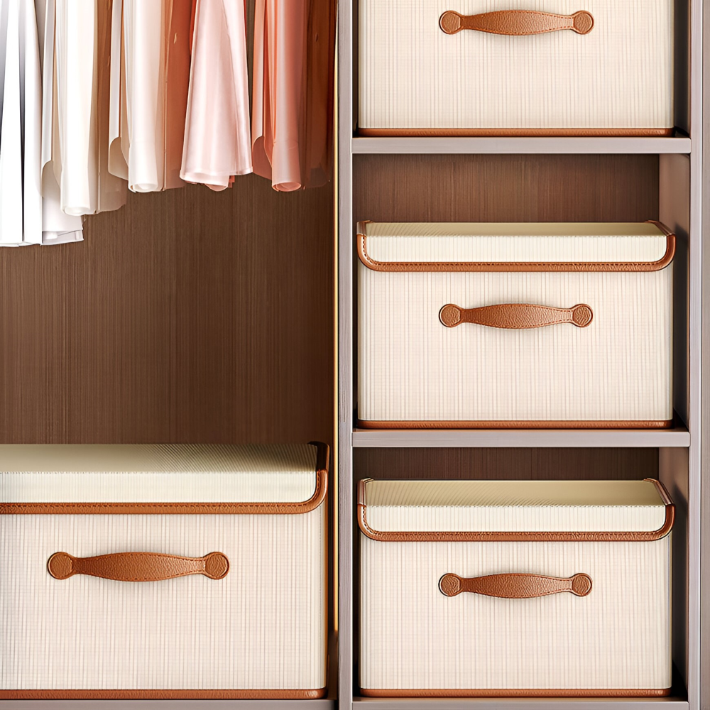 NeatStack | Opvouwbare Oxford Opbergdoos met Deksel & Leren Handvatten – Stapelbaar, Duurzaam