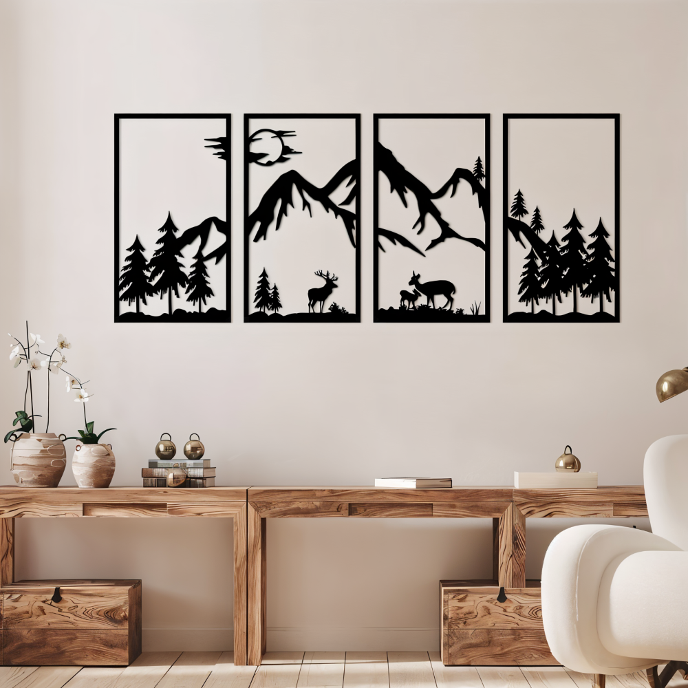 ShadowRidge | 4-delige wanddecoratie – zwart metalen abstract bergontwerp