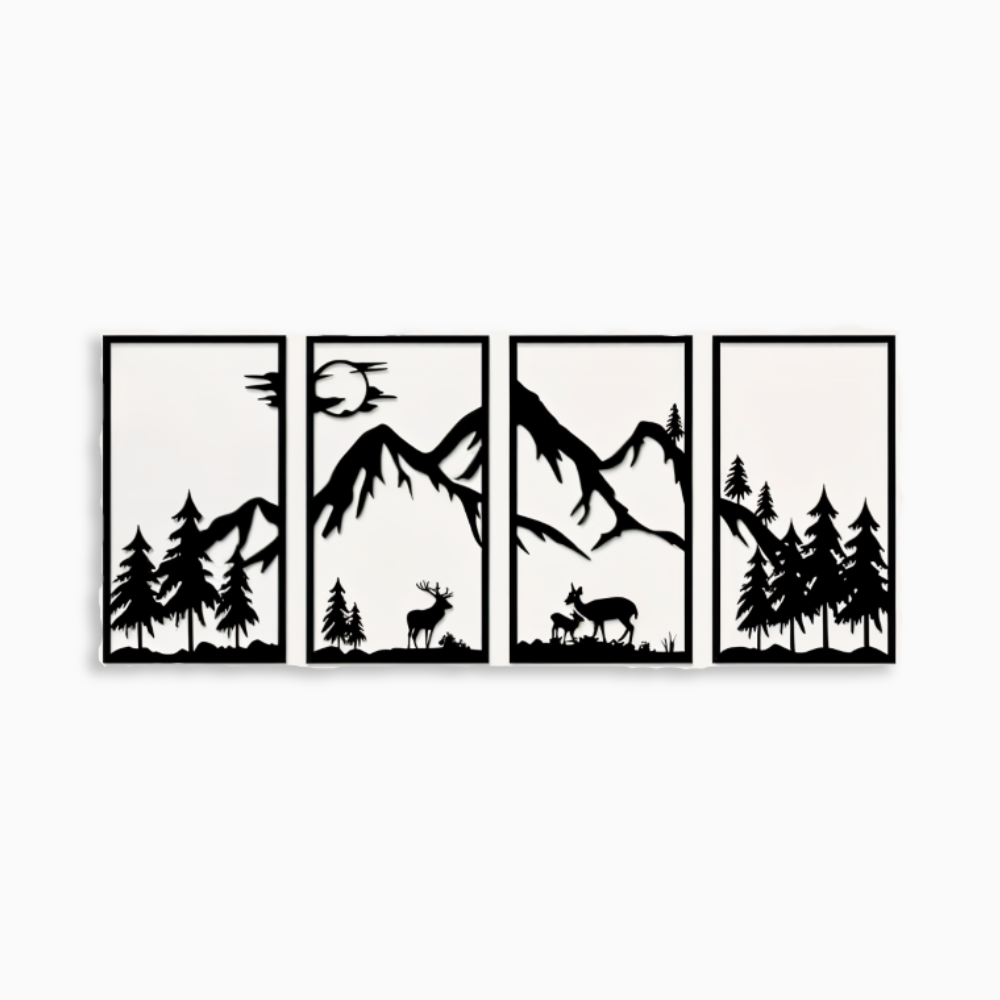 ShadowRidge | 4-delige wanddecoratie – zwart metalen abstract bergontwerp