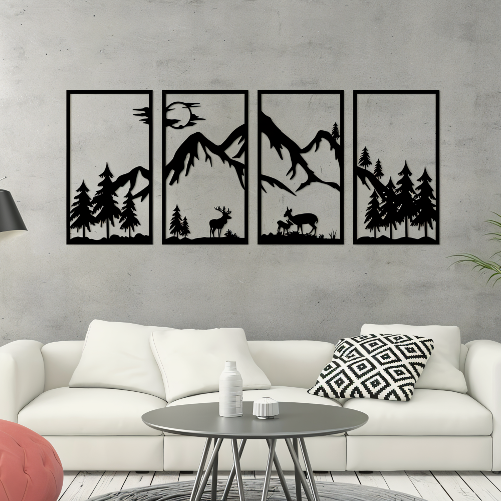 ShadowRidge | 4-delige wanddecoratie – zwart metalen abstract bergontwerp