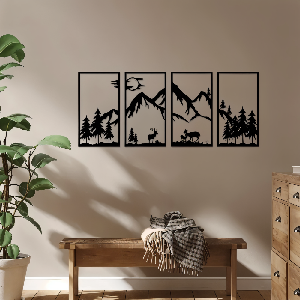 ShadowRidge | 4-delige wanddecoratie – zwart metalen abstract bergontwerp
