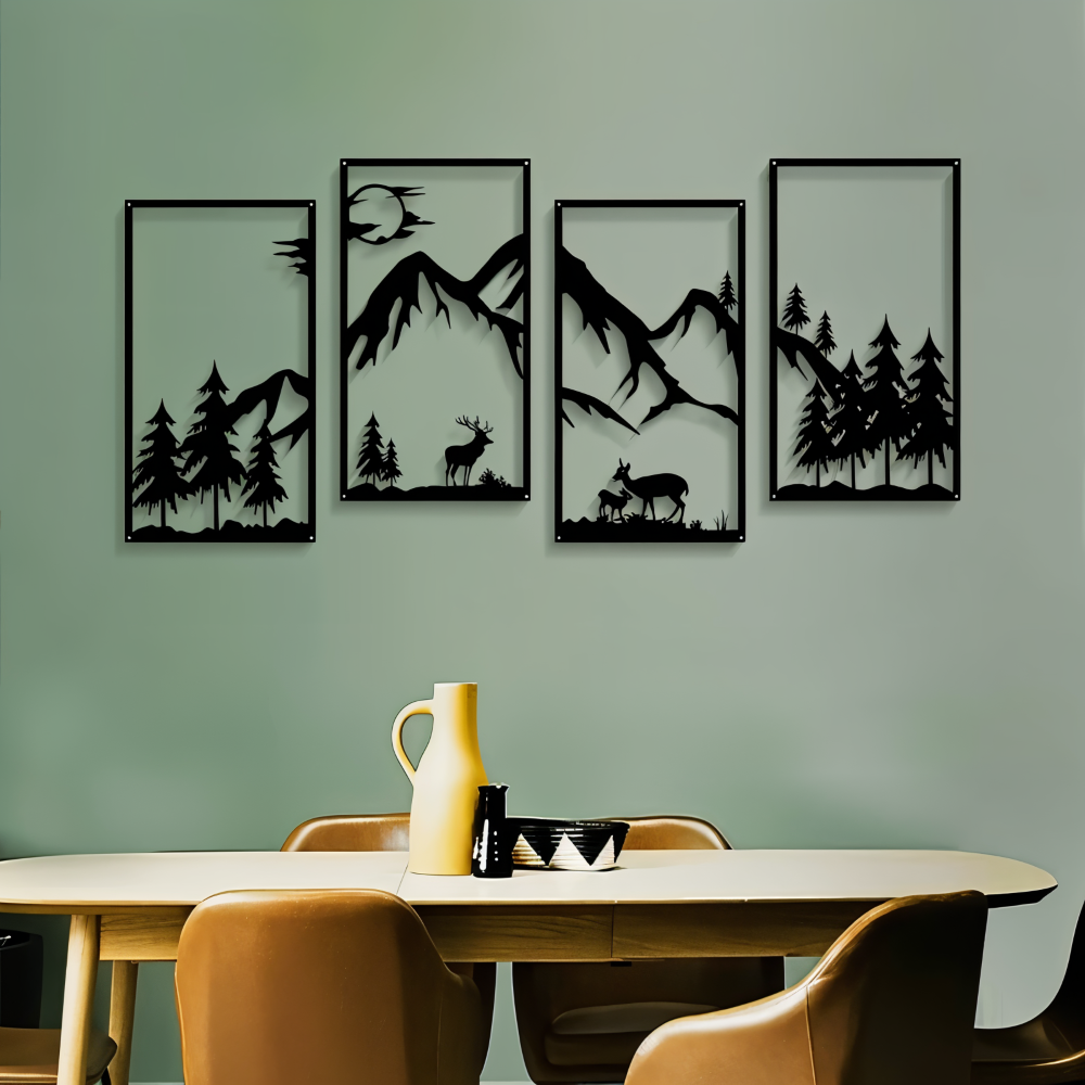 ShadowRidge | 4-delige wanddecoratie – zwart metalen abstract bergontwerp