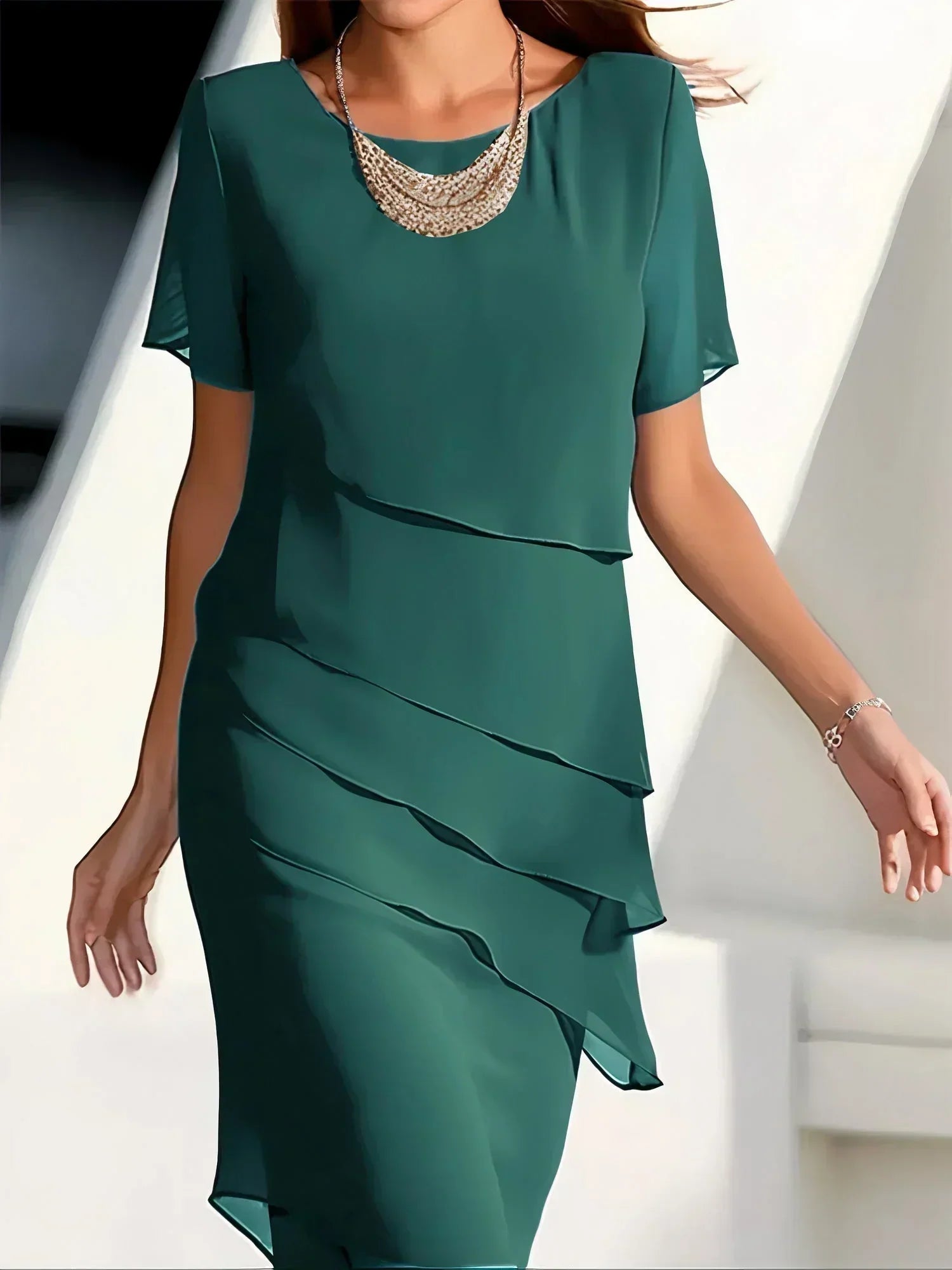Elyria | Elegante dames chiffon gelaagde midi jurk – Zwierige midi jurk