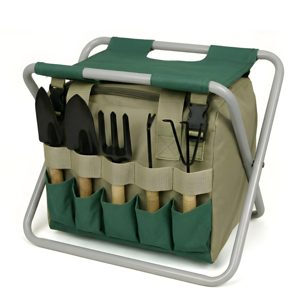 GardenGo | 6-Delige Tuingereedschap Set met Opvouwbare Kruk en Draagtas – Draagbare Handgereedschappen