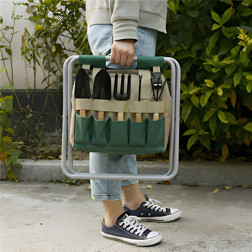 GardenGo | 6-Delige Tuingereedschap Set met Opvouwbare Kruk en Draagtas – Draagbare Handgereedschappen