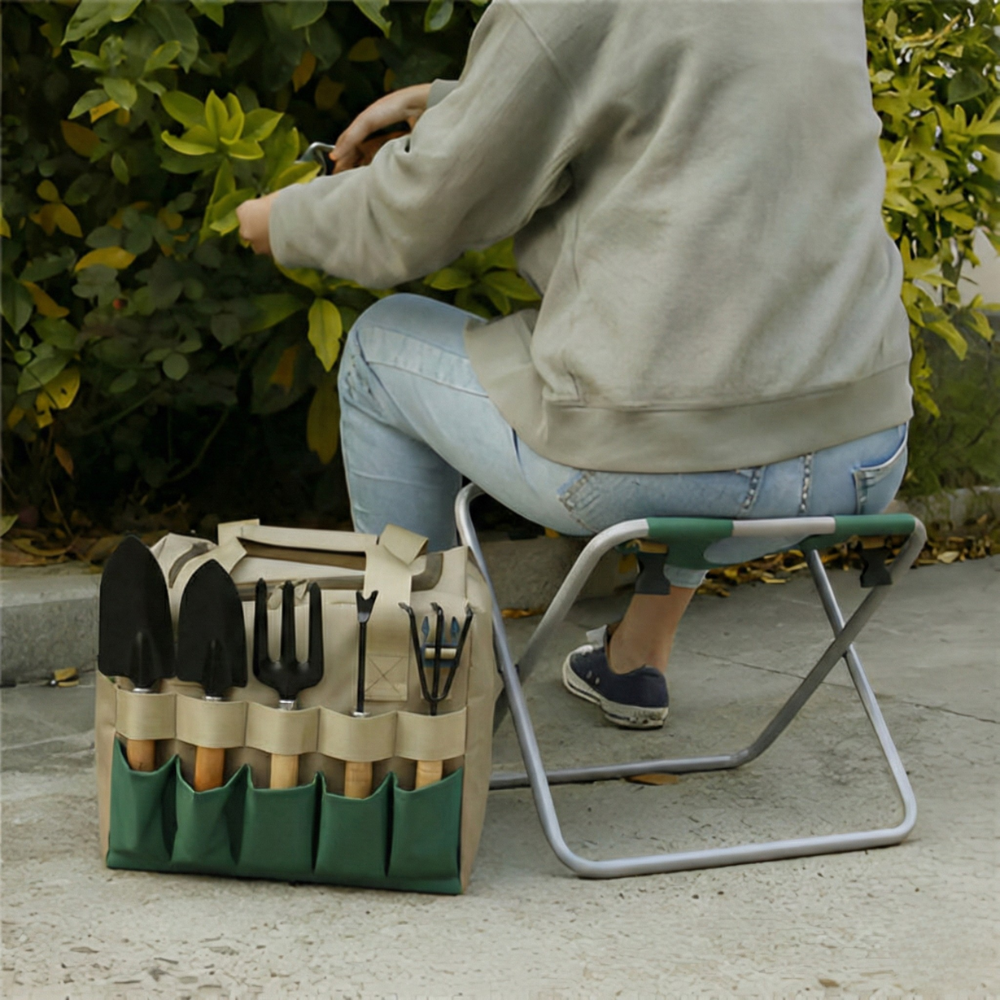 GardenGo | 6-Delige Tuingereedschap Set met Opvouwbare Kruk en Draagtas – Draagbare Handgereedschappen