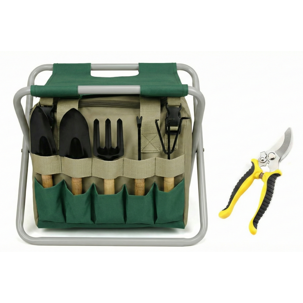 GardenGo | 6-Delige Tuingereedschap Set met Opvouwbare Kruk en Draagtas – Draagbare Handgereedschappen