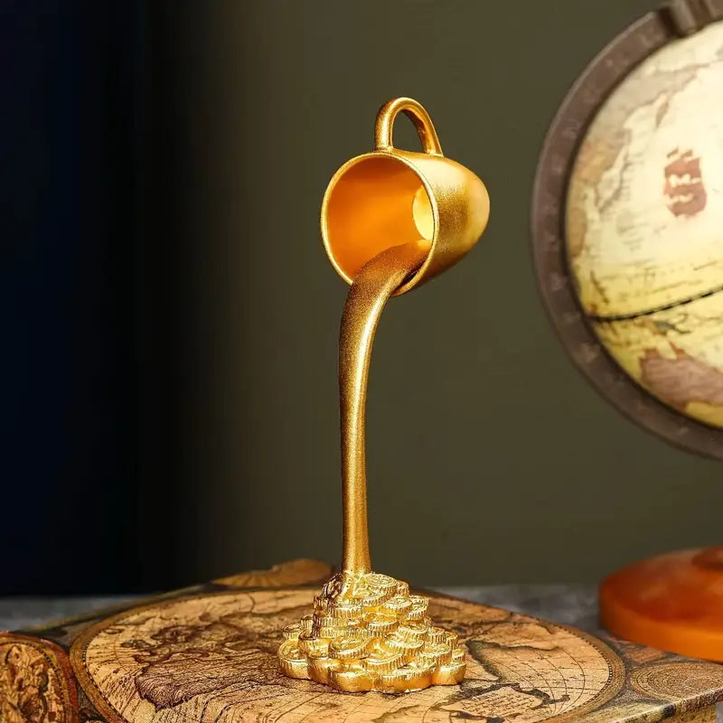 FortuCup | Drijvende gouden rijkdomscup – woondecoratie, symbool van welvaart, geluksmuntwaterval