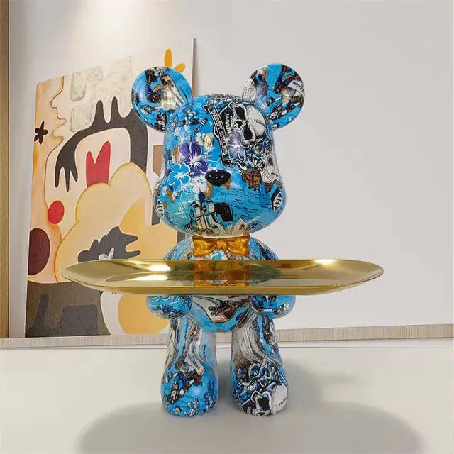 UrbanCub | Graffiti Bear Standbeeld met Dienblad - Kleurrijk Hars Decoratief Beeldje, Stedelijk Straatkunstdecor