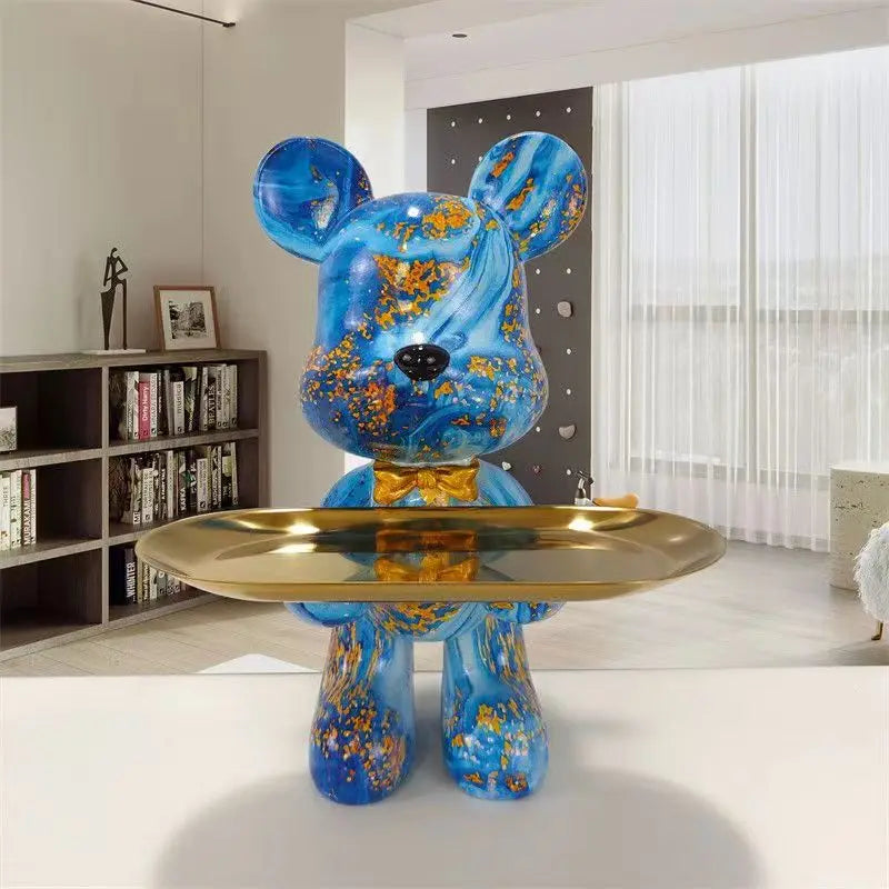 UrbanCub | Graffiti Bear Standbeeld met Dienblad - Kleurrijk Hars Decoratief Beeldje, Stedelijk Straatkunstdecor
