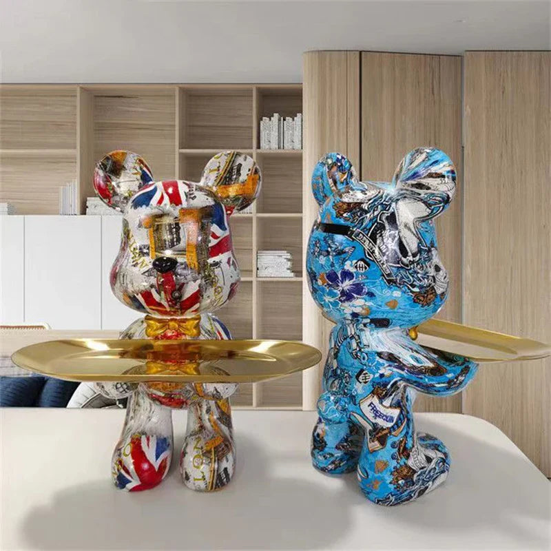 UrbanCub | Graffiti Bear Standbeeld met Dienblad - Kleurrijk Hars Decoratief Beeldje, Stedelijk Straatkunstdecor