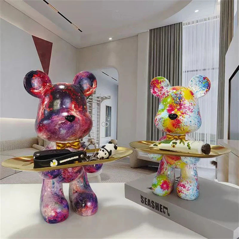 UrbanCub | Graffiti Bear Standbeeld met Dienblad - Kleurrijk Hars Decoratief Beeldje, Stedelijk Straatkunstdecor